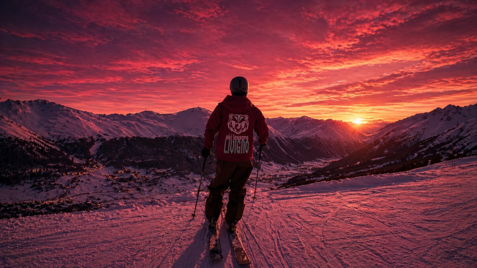 Ski Lessons Livigno instructor in branded jacket on the slopes overlooking the Livigno valley at sunset